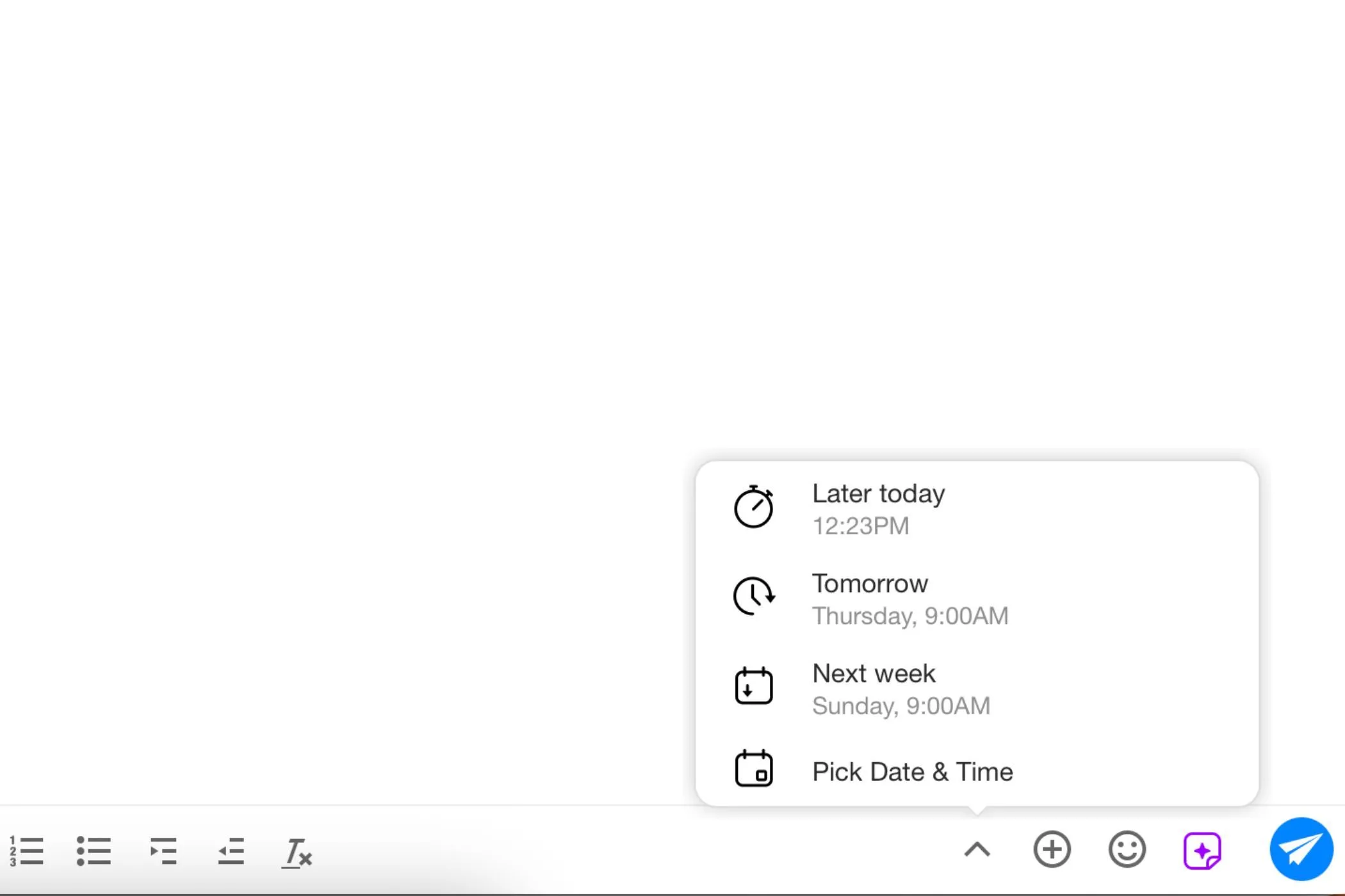 Tùy chọn lên lịch gửi email trong ứng dụng Spike, cho phép người dùng đặt thời gian gửi cụ thể trong tương lai.