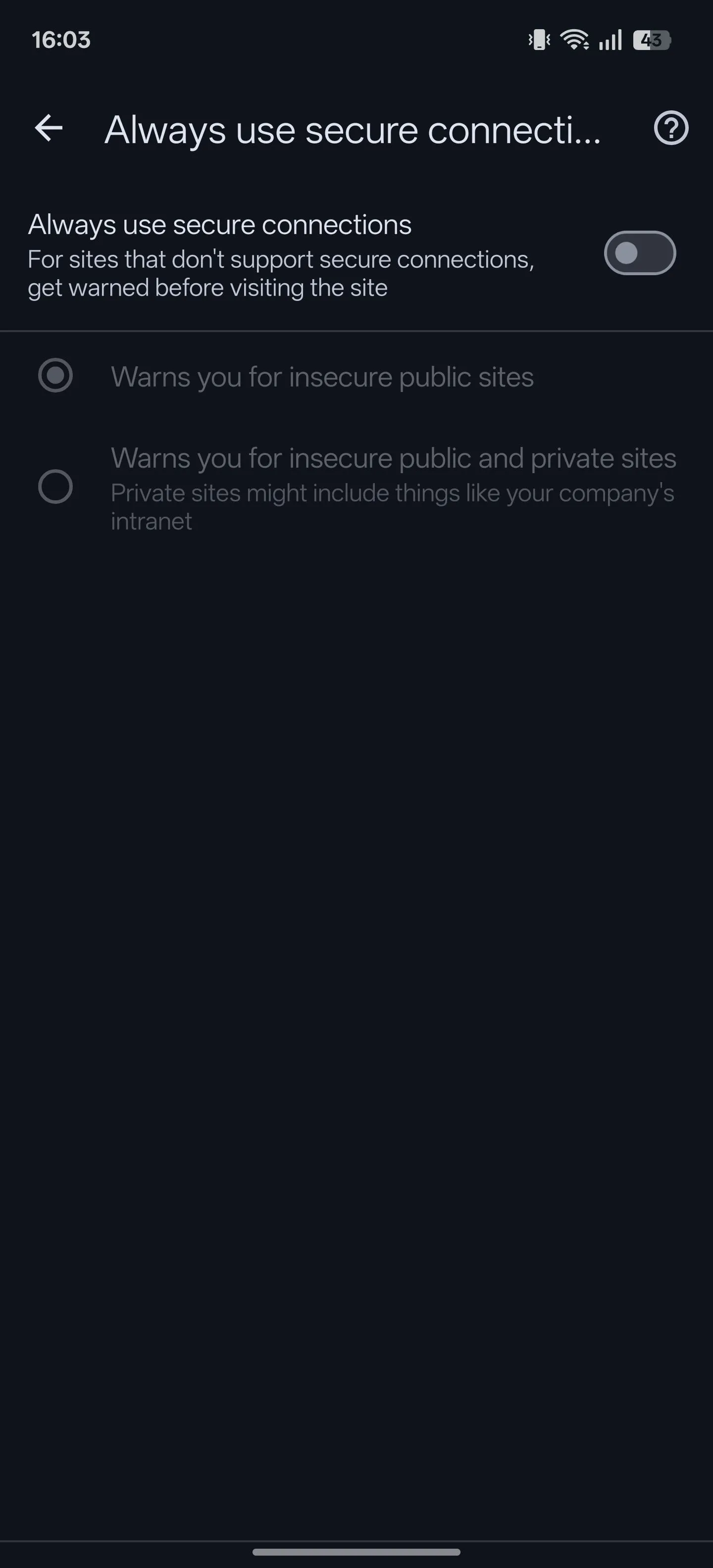 Tùy chọn &quot;Luôn sử dụng kết nối an toàn&quot; (Always use secure connections) đang tắt trong cài đặt Chrome trên Android.