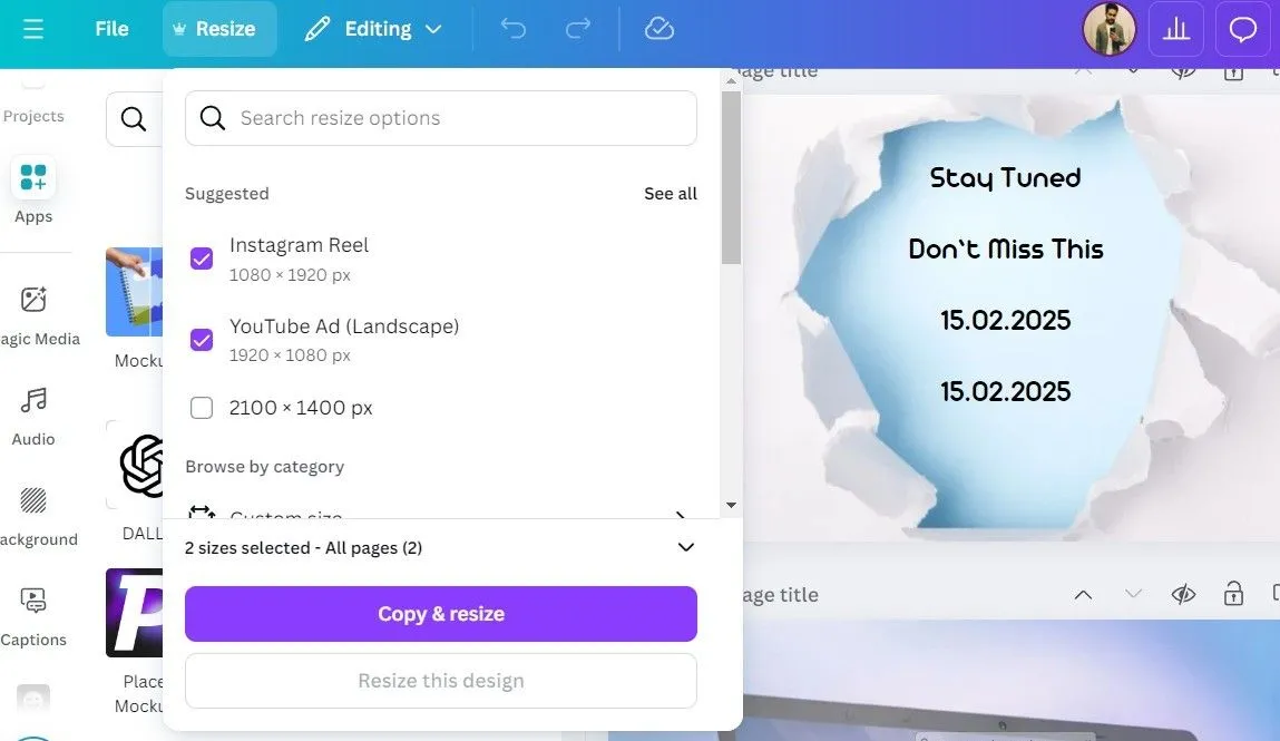 Tùy chọn &quot;Magic Resize&quot; (Thay đổi Kích thước &quot;Thần Kỳ&quot;) trong Canva giúp điều chỉnh kích thước thiết kế tự động cho nhiều nền tảng.