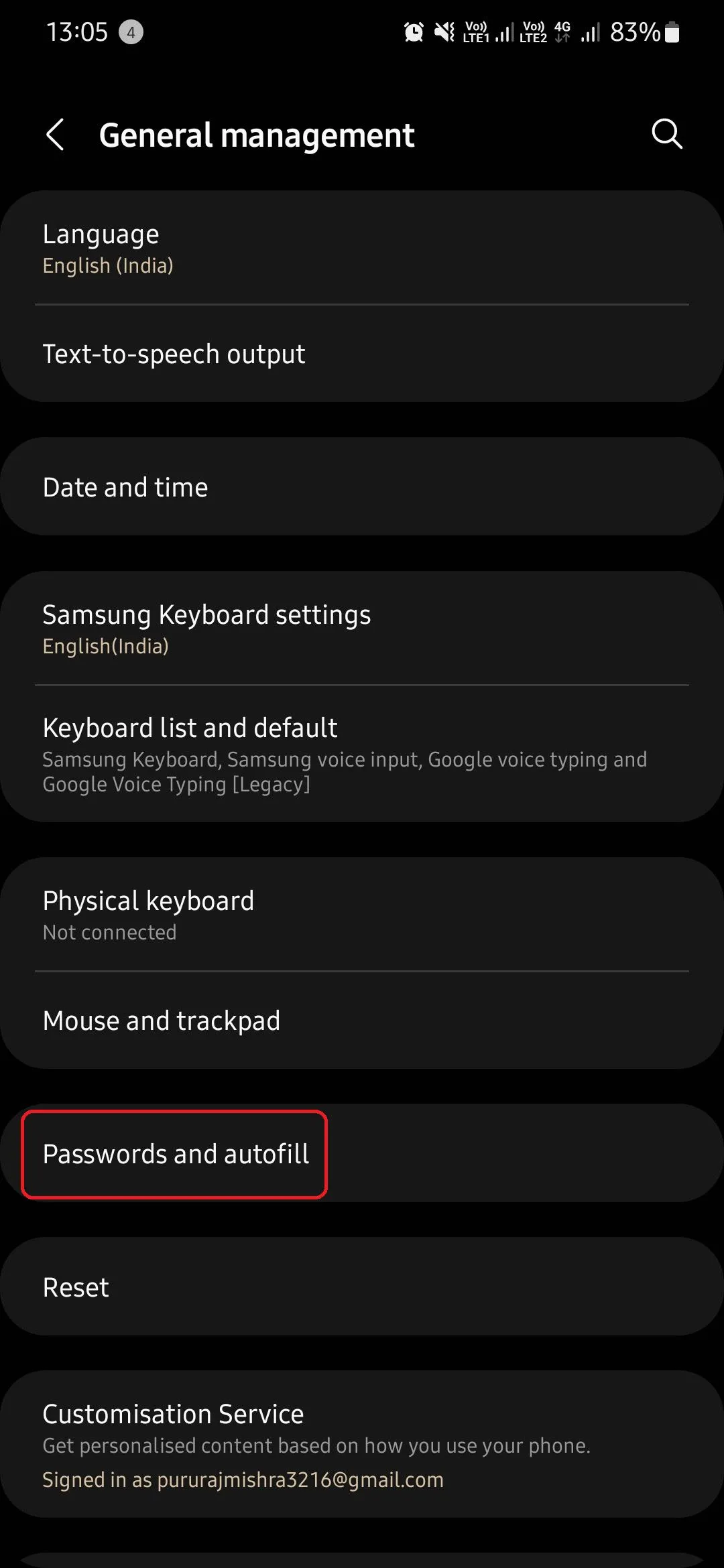 Tùy chọn Mật khẩu và tự động điền trong Cài đặt Quản lý chung của Samsung