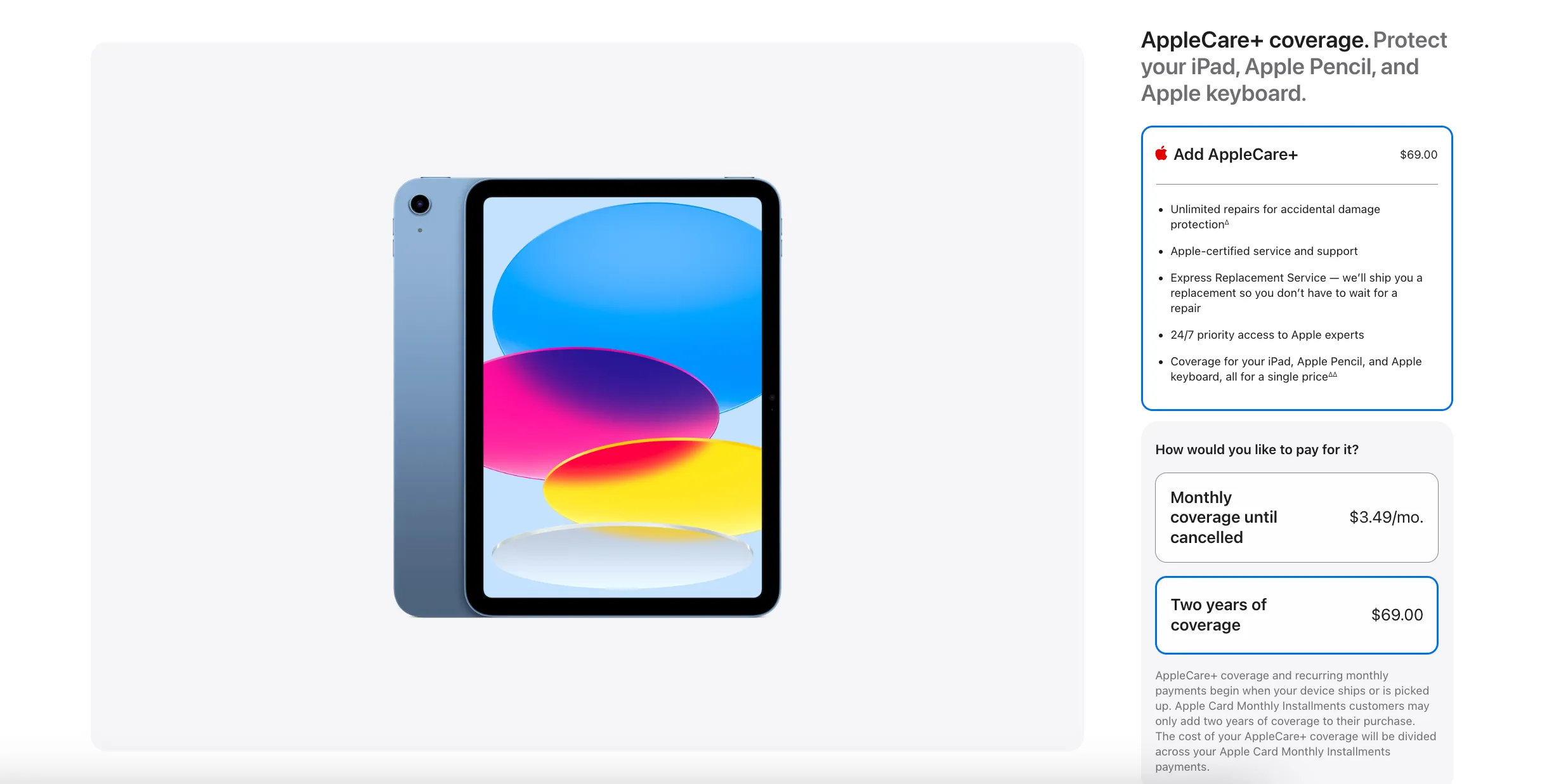 Tùy chọn mua gói bảo vệ AppleCare+ cho iPad trên trang web chính thức của Apple, với gói theo tháng được đề xuất