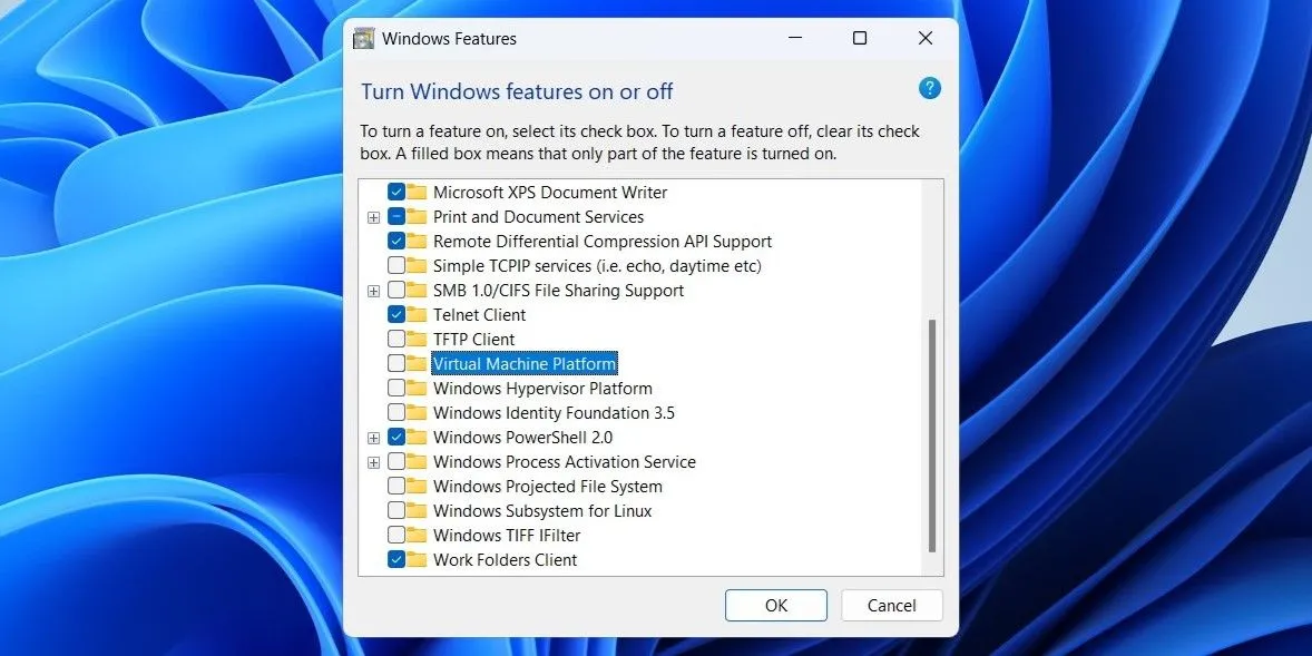 Tùy chọn nền tảng máy ảo trong Windows Features, minh họa một cài đặt có thể điều chỉnh để giảm bề mặt tấn công.