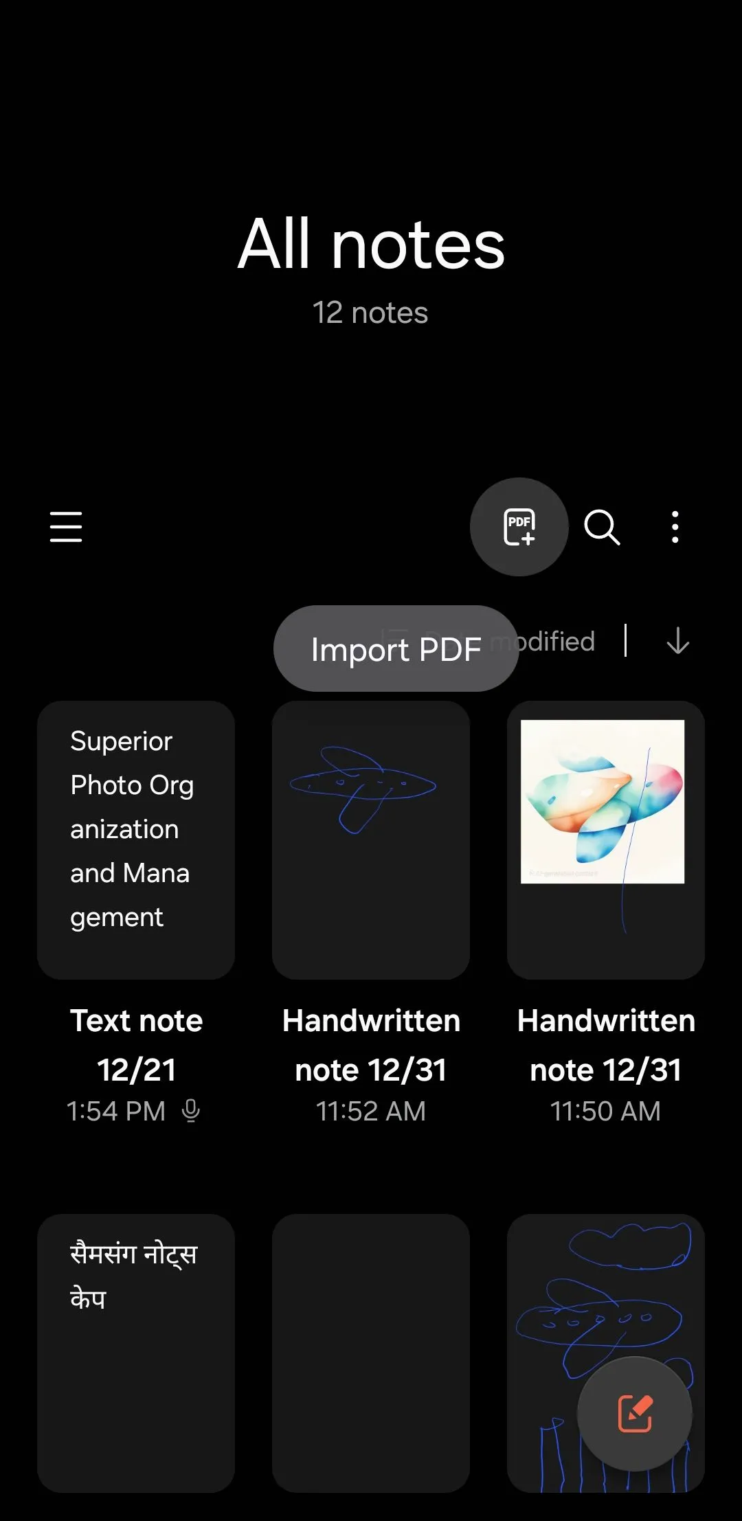 Tùy chọn nhập PDF trong ứng dụng Samsung Notes