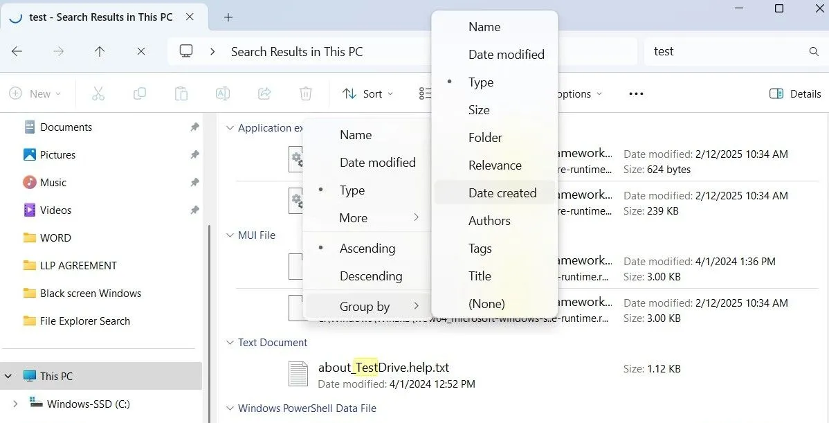 Tùy chọn nhóm theo trong File Explorer trên Windows
