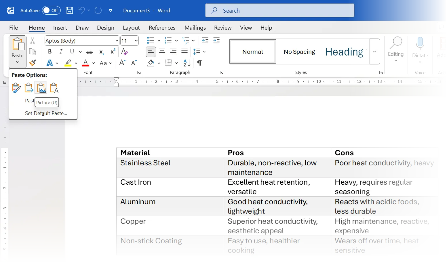 Tùy chọn Paste as Picture trong menu Paste của Microsoft Word, cho phép dán nội dung dưới dạng hình ảnh để khóa định dạng