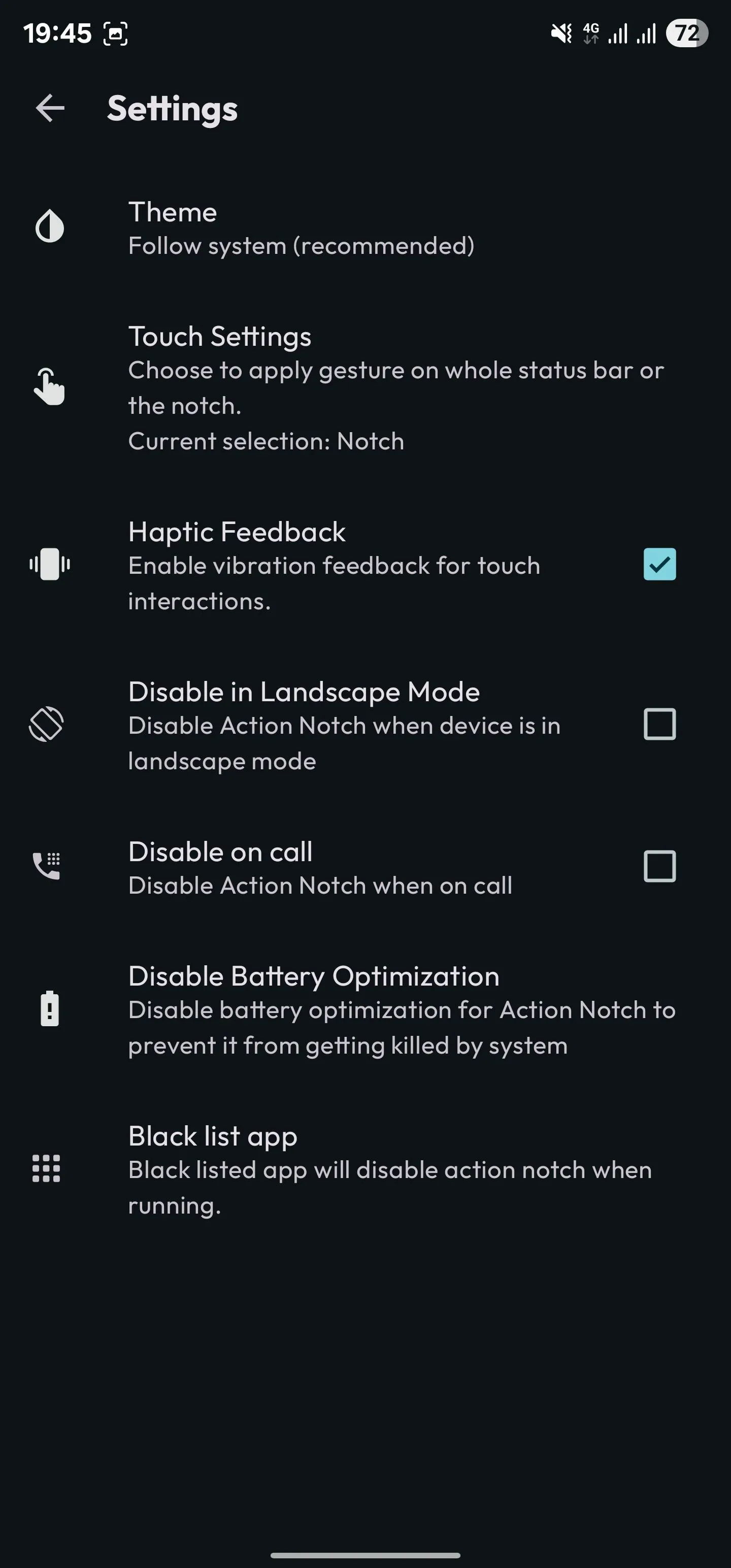 Tùy chọn phản hồi xúc giác được bật trong cài đặt Action Notch