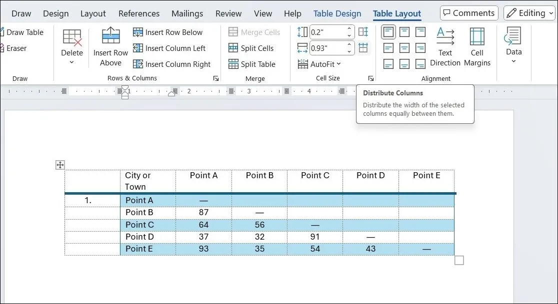 Tùy chọn Phân phối Cột trong Microsoft Word
