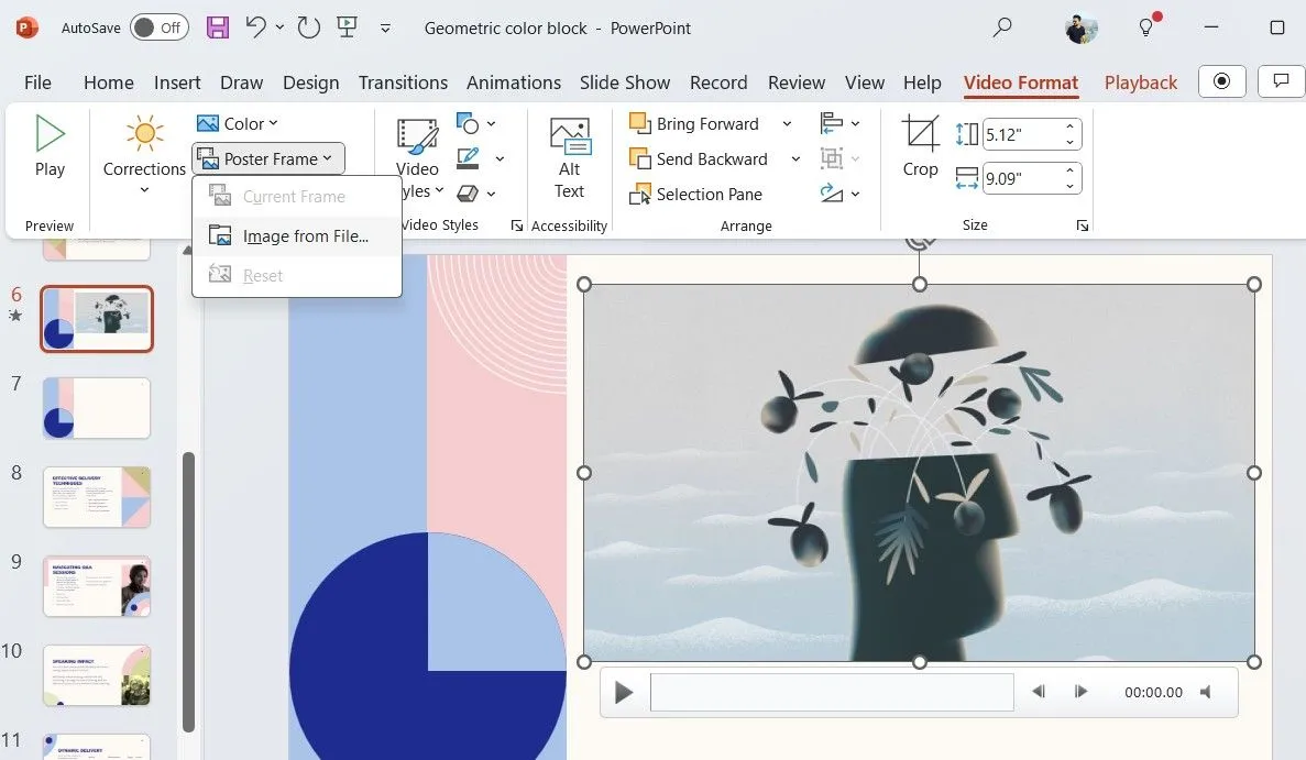 Tùy chọn Poster Frame trong tab Định dạng Video của PowerPoint để thay đổi ảnh thu nhỏ.