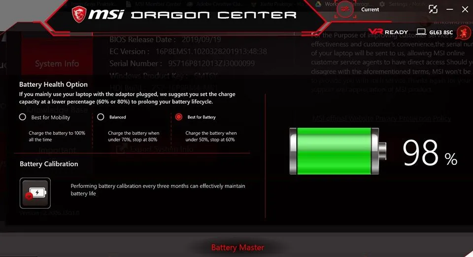 Tùy chọn Sức khỏe Pin (Battery Health Option) trong ứng dụng MSI Dragon Center