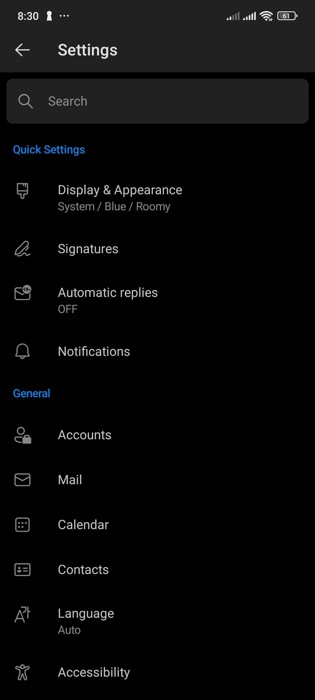 Tùy chọn tài khoản trong ứng dụng Outlook trên Android