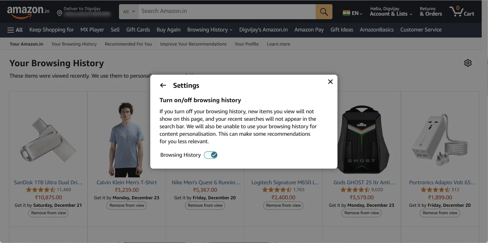 Tùy chọn tắt theo dõi lịch sử duyệt web Amazon