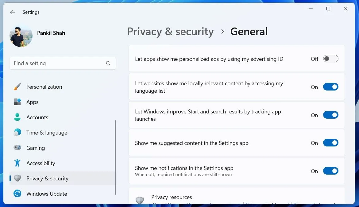 Tùy chọn tắt theo dõi quảng cáo trong cài đặt quyền riêng tư Windows 11