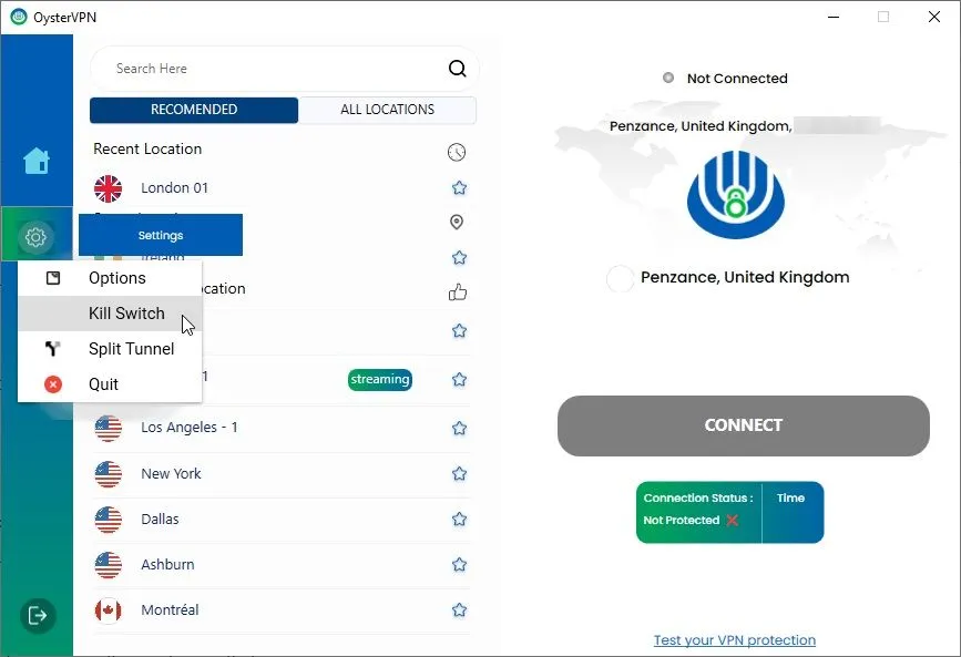 Tùy chọn tắt tính năng Kill Switch trong ứng dụng OysterVPN, minh họa tầm quan trọng của cơ chế ngắt kết nối an toàn này.