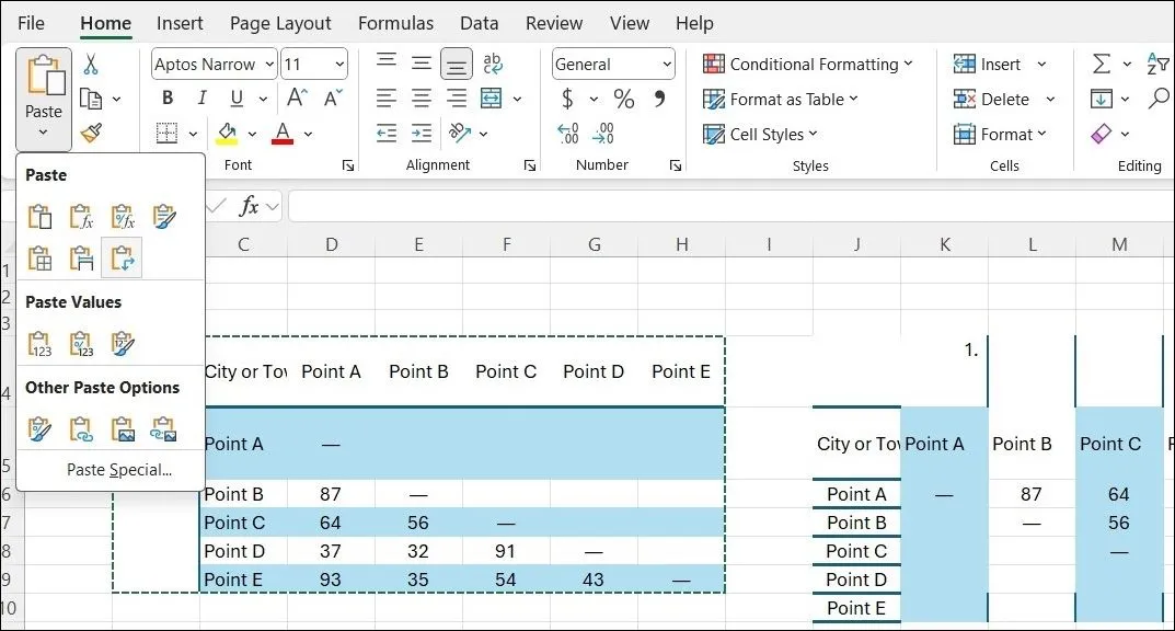 Tùy chọn Transpose trong Excel