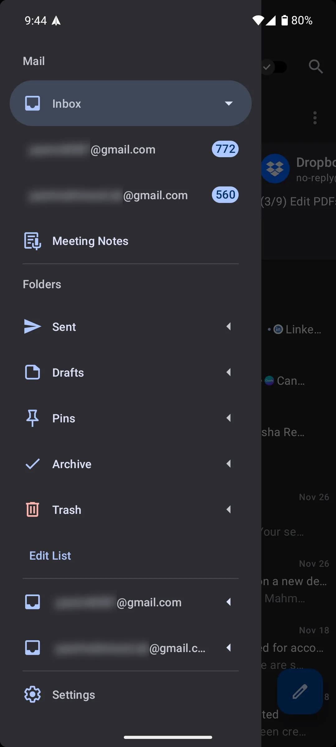 Tùy chọn truy cập ghi chú cuộc họp trong thanh sidebar của ứng dụng email Spark Mail