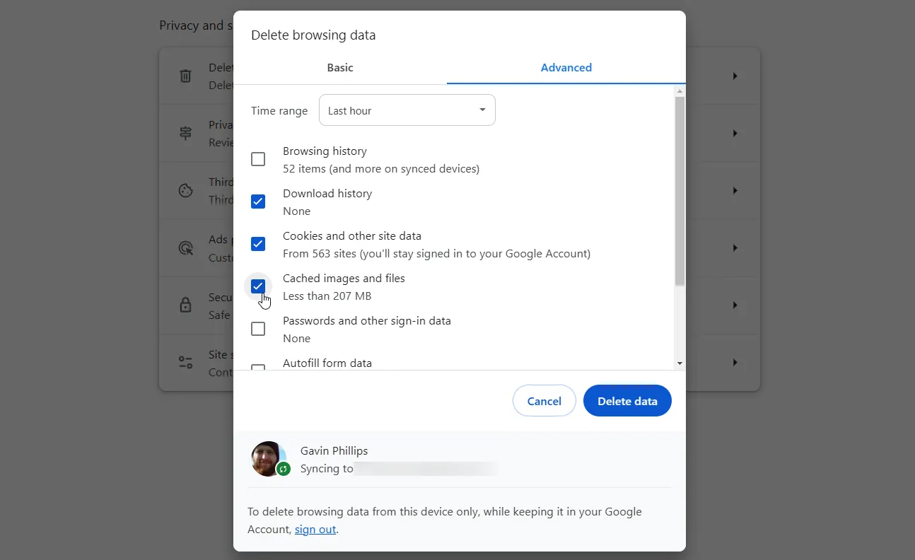 Tùy chọn xóa bộ nhớ đệm và dữ liệu duyệt web trên Google Chrome, giúp tăng tốc độ duyệt