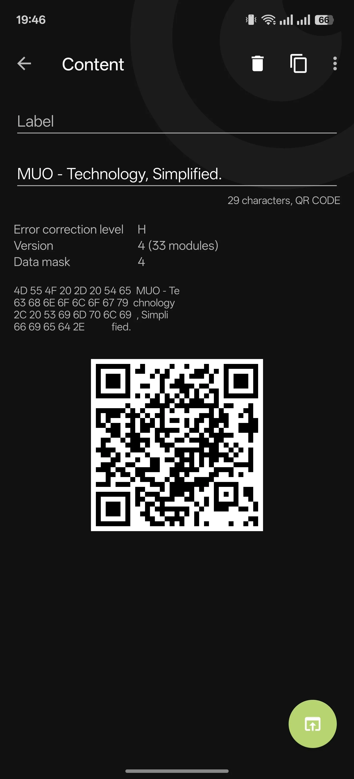 Ứng dụng Binary Eye hiển thị nội dung của một mã QR đã quét.