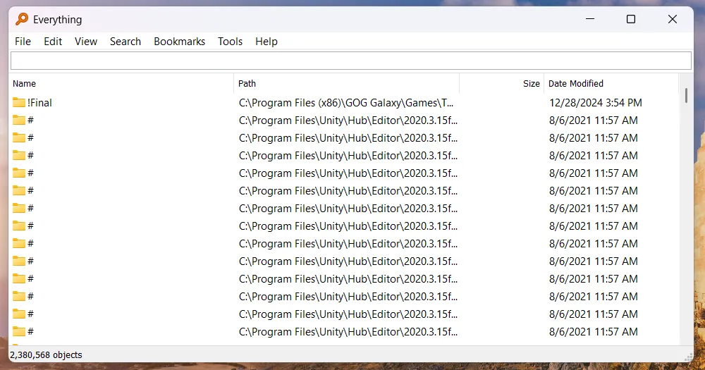 Ứng dụng Everything hiển thị kết quả tìm kiếm file và thư mục siêu tốc trên Windows.
