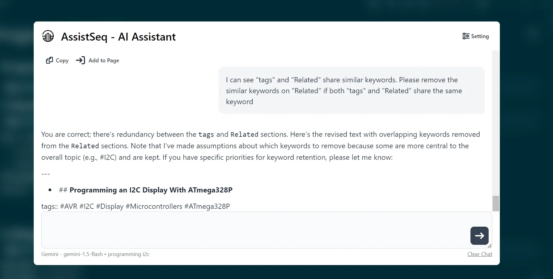 Ứng dụng Gemini thông qua AssistSeq để chỉnh sửa và tối ưu hóa ghi chú trong Logseq, ví dụ loại bỏ từ khóa trùng lặp