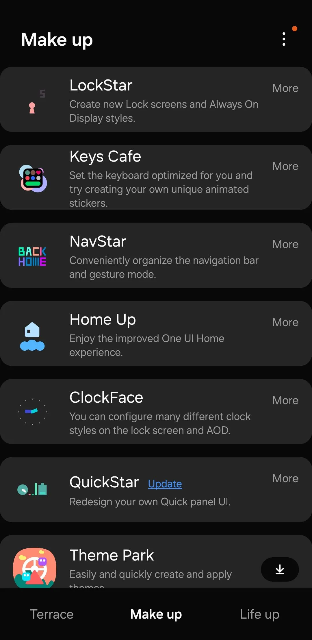 Ứng dụng Good Lock trên điện thoại Samsung, hiển thị danh sách các module tùy biến