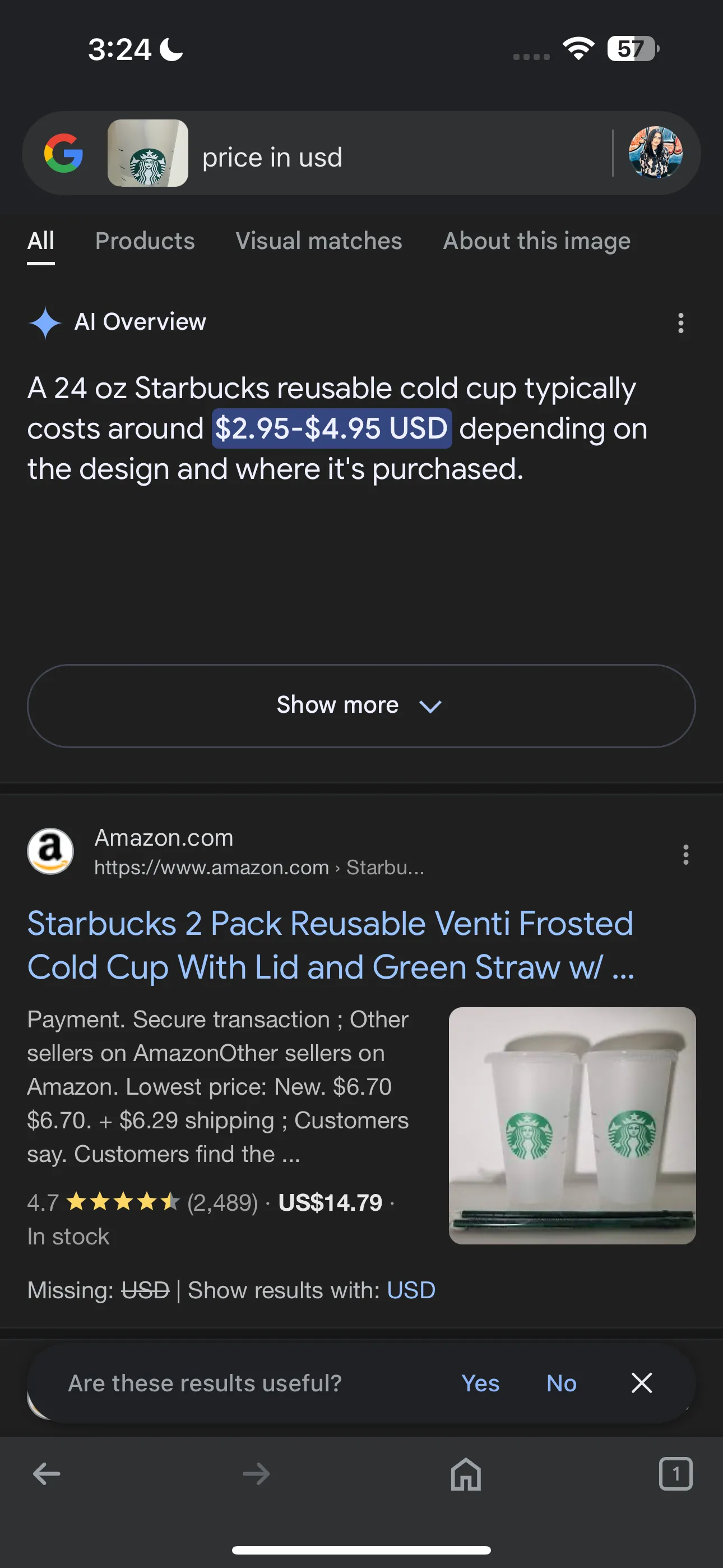 Ứng dụng Google hiển thị tổng quan AI về giá ly Starbucks bằng USD, minh họa khả năng tìm kiếm nâng cao của Google Lens.