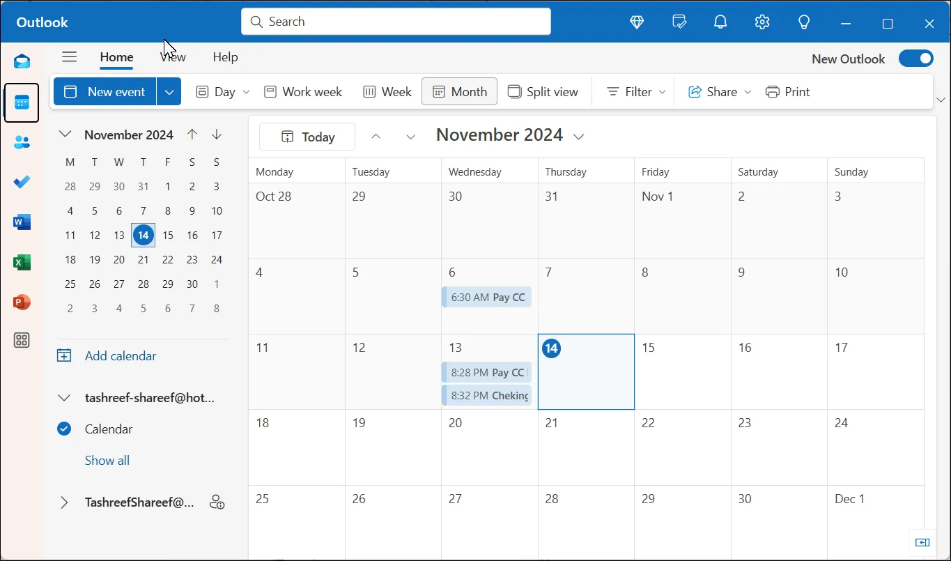 Ứng dụng Lịch đang mở trong ứng dụng Outlook trên Windows 11