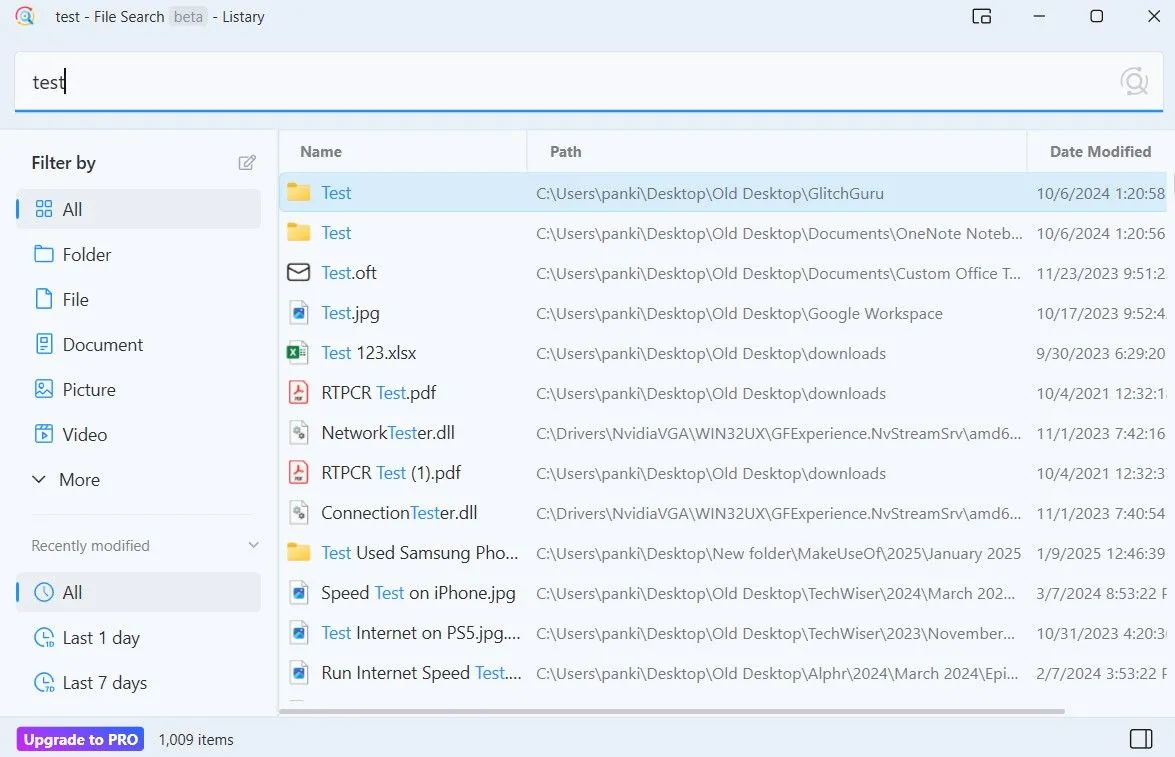 Ứng dụng Listary hiển thị kết quả tìm kiếm trên Windows
