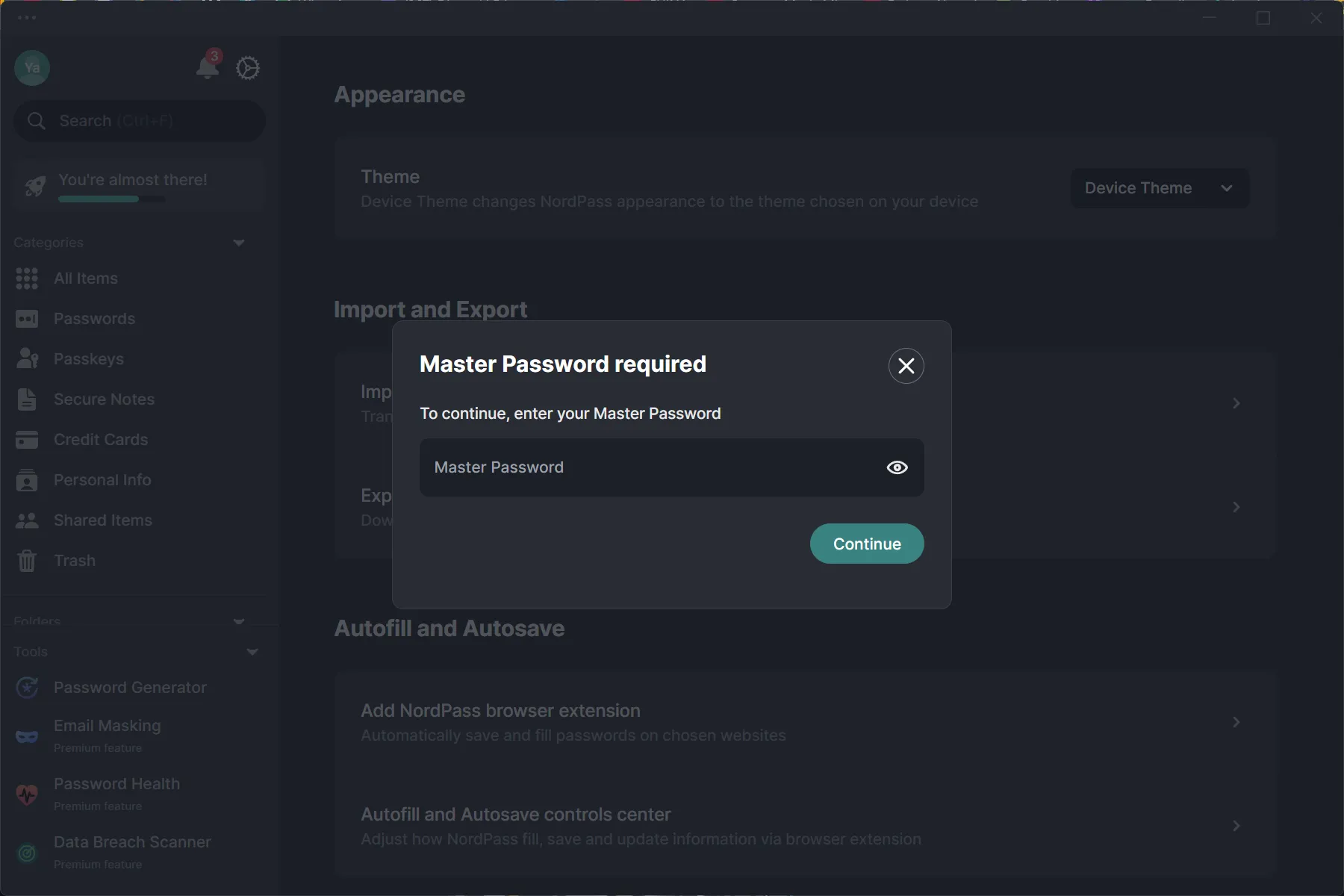 Ứng dụng NordPass trên máy tính hiển thị cửa sổ yêu cầu nhập mật khẩu chính (Master Password) để tiếp tục truy cập.