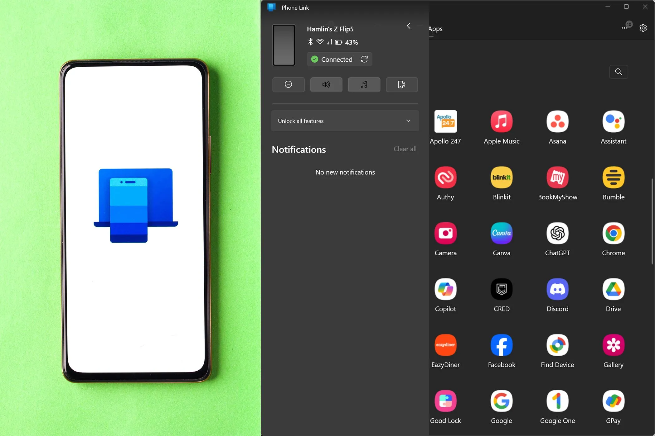 Ứng dụng Phone Link trên điện thoại Android và giao diện trên Windows, thể hiện tính năng Trải Nghiệm Chia Sẻ