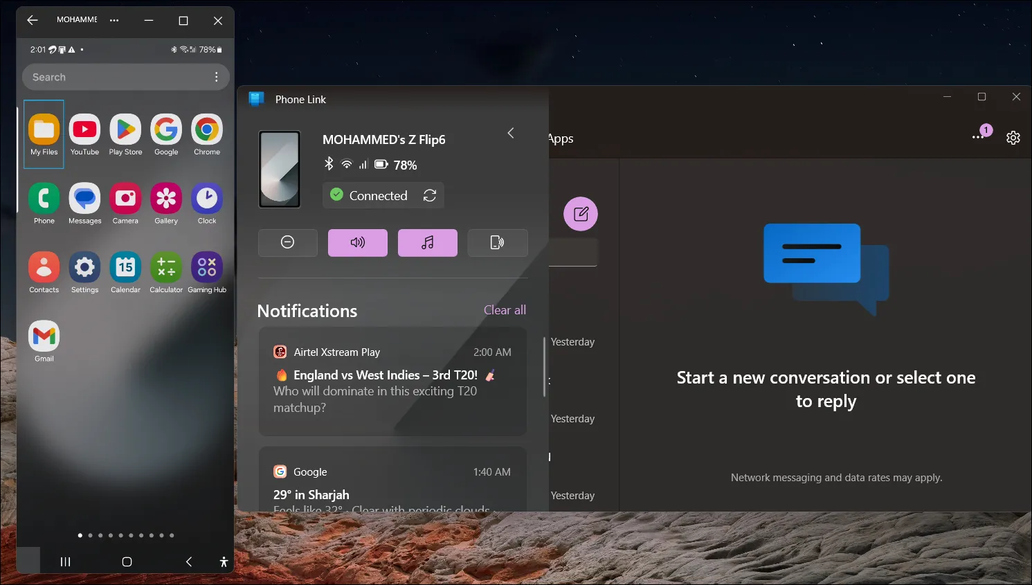 Ứng dụng Phone Link trên Windows 11 đang phản chiếu màn hình điện thoại Samsung