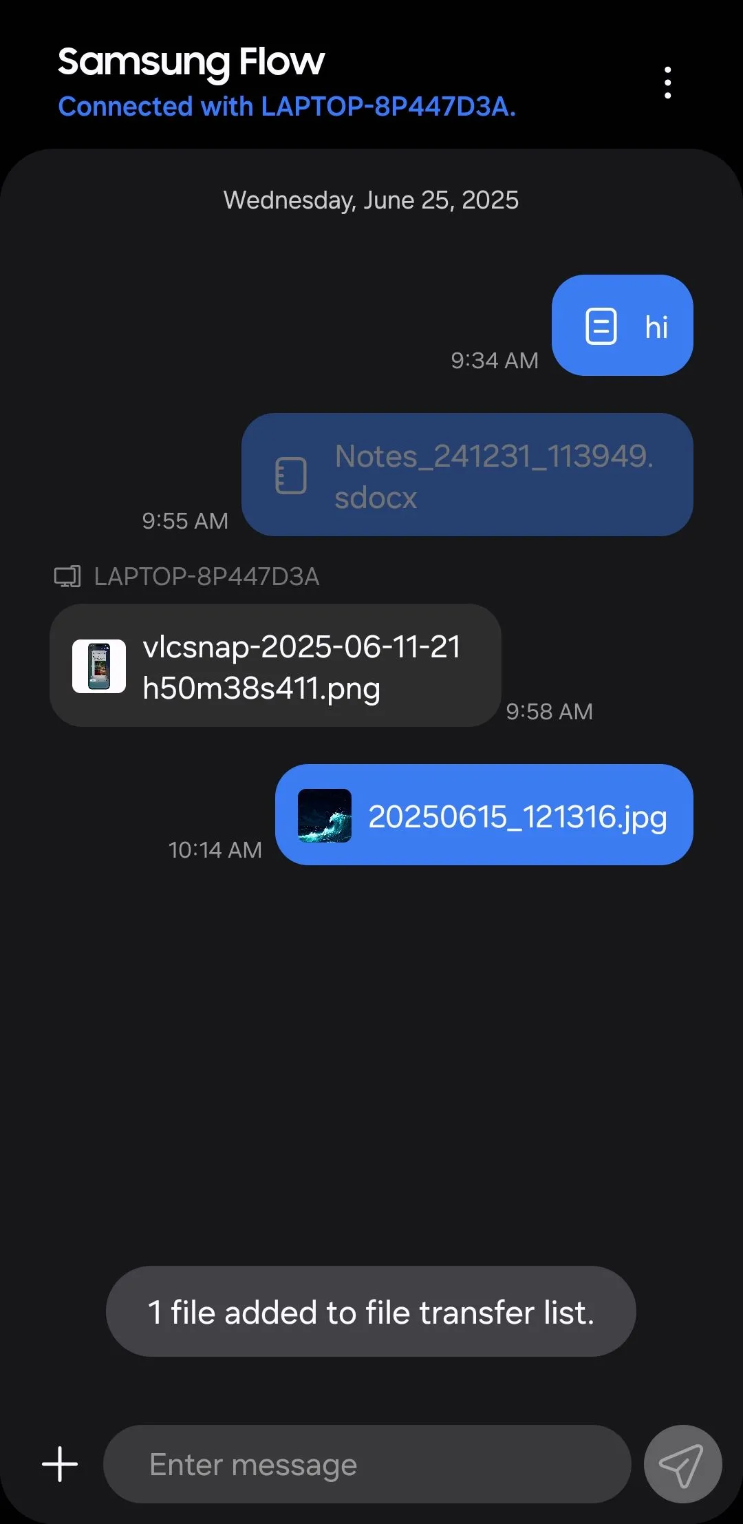 Ứng dụng Samsung Flow trên điện thoại hiển thị cảnh báo tệp đã gửi