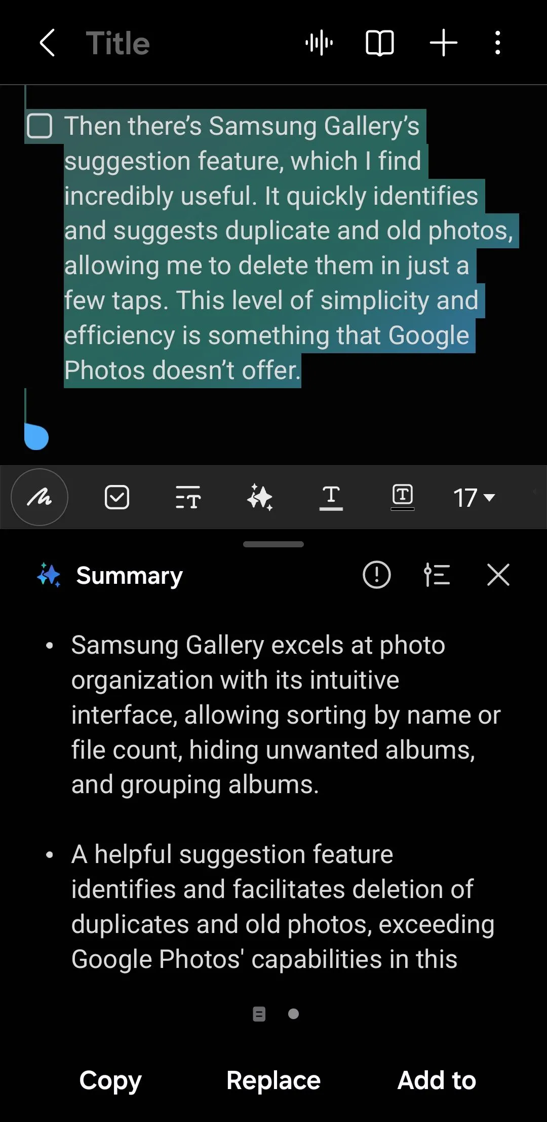 Ứng dụng Samsung Notes hiển thị bản tóm tắt của một ghi chú