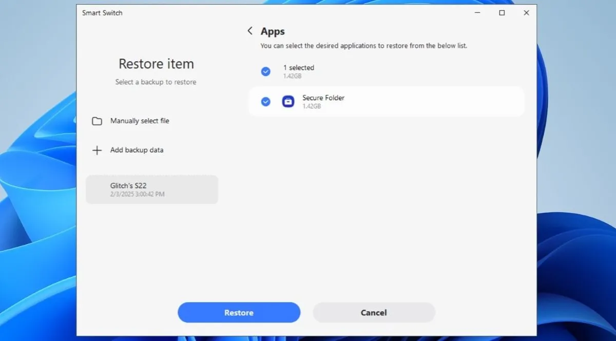 Ứng dụng Smart Switch trên máy tính hiển thị tùy chọn khôi phục Secure Folder