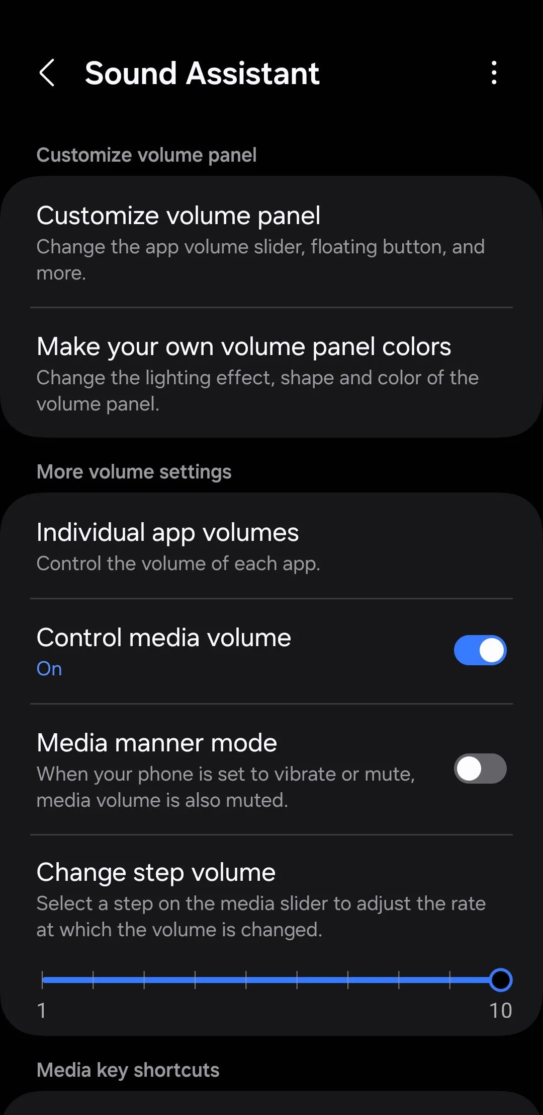Ứng dụng Sound Assistant trên điện thoại Samsung với cài đặt âm lượng từng ứng dụng