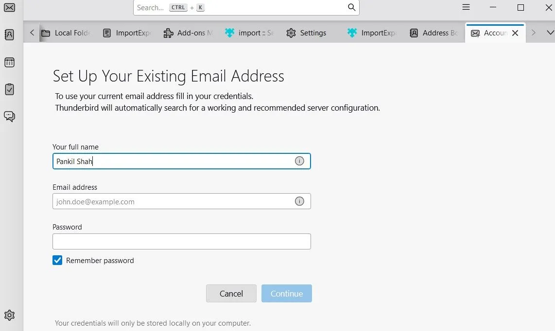 Ứng dụng Thunderbird hiển thị trang thêm tài khoản email mới để cấu hình IMAP