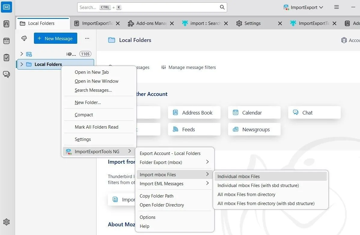 Ứng dụng Thunderbird hiển thị tùy chọn nhập file MBOX sau khi cài đặt ImportExportTools NG