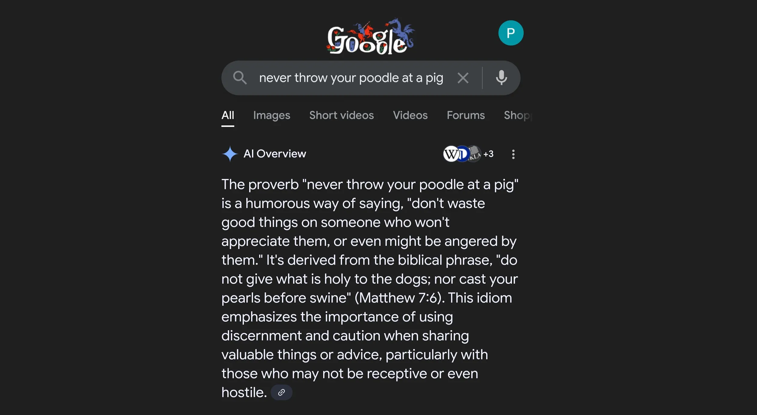 Ví dụ ảo giác AI về câu nói &quot;Never throw your poodle at a pig&quot;