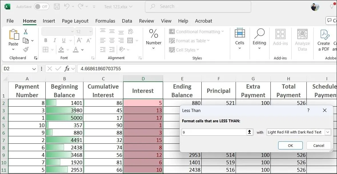 Ví dụ áp dụng định dạng có điều kiện trên bảng tính Excel, minh họa cách làm nổi bật dữ liệu quan trọng bằng màu sắc