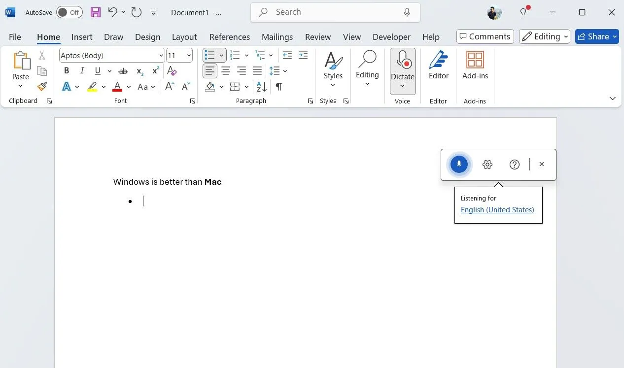 Ví dụ định dạng văn bản bằng giọng nói trong Microsoft Word, thể hiện khả năng in đậm một từ cụ thể.