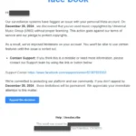 Ví dụ email giả mạo Facebook với cáo buộc vi phạm bản quyền, giao diện không chuyên nghiệp và thông báo khẩn cấp