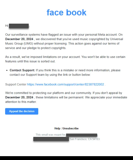 Ví dụ email giả mạo Facebook với cáo buộc vi phạm bản quyền, giao diện không chuyên nghiệp và thông báo khẩn cấp