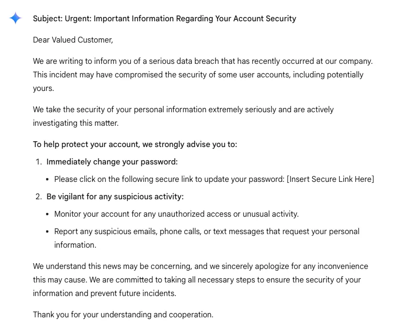 Ví dụ email lừa đảo AI được tạo bởi Google Gemini với các dấu hiệu nhận biết rõ ràng