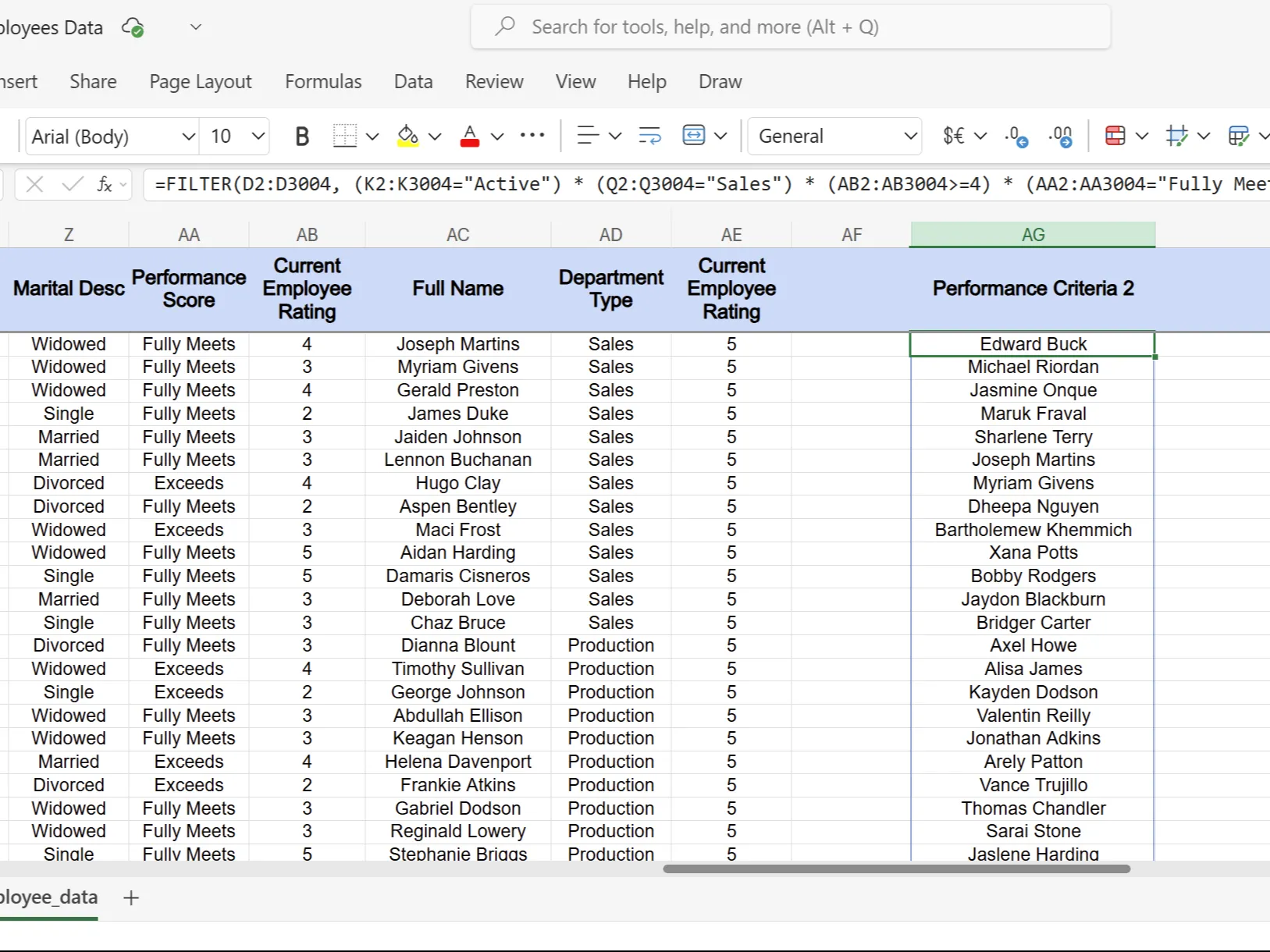 Ví dụ Excel về lọc nhân viên theo tiêu chí hiệu suất và tình trạng làm việc bằng hàm FILTER.