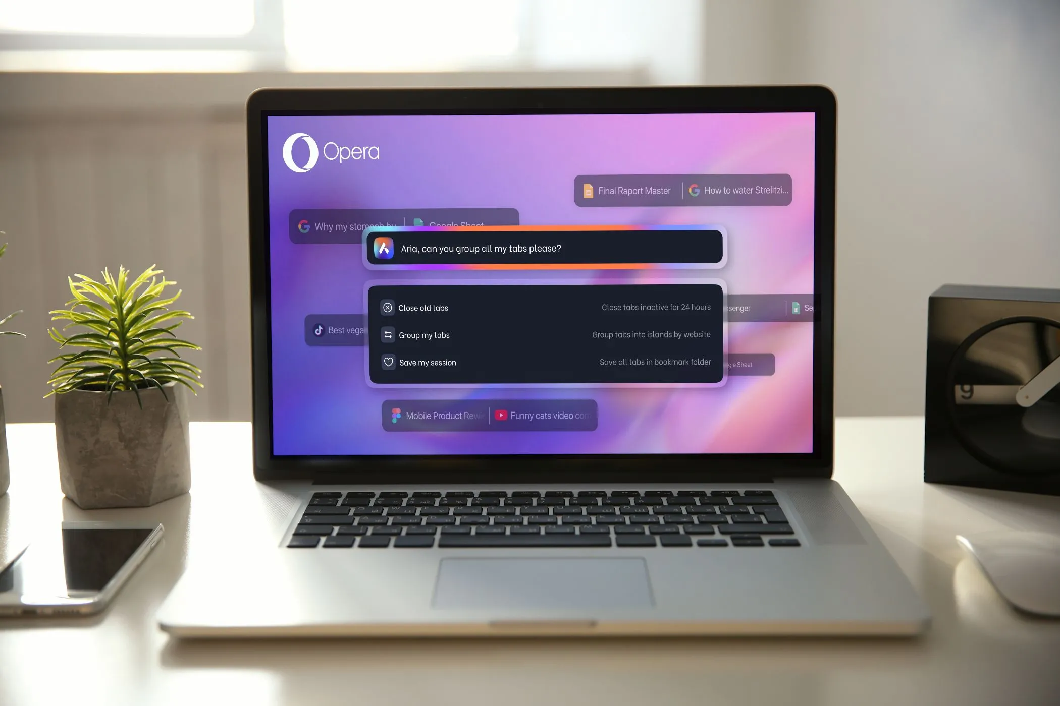 Ví dụ lệnh AI của Opera Aria trên màn hình laptop, minh họa tính năng Tab Islands