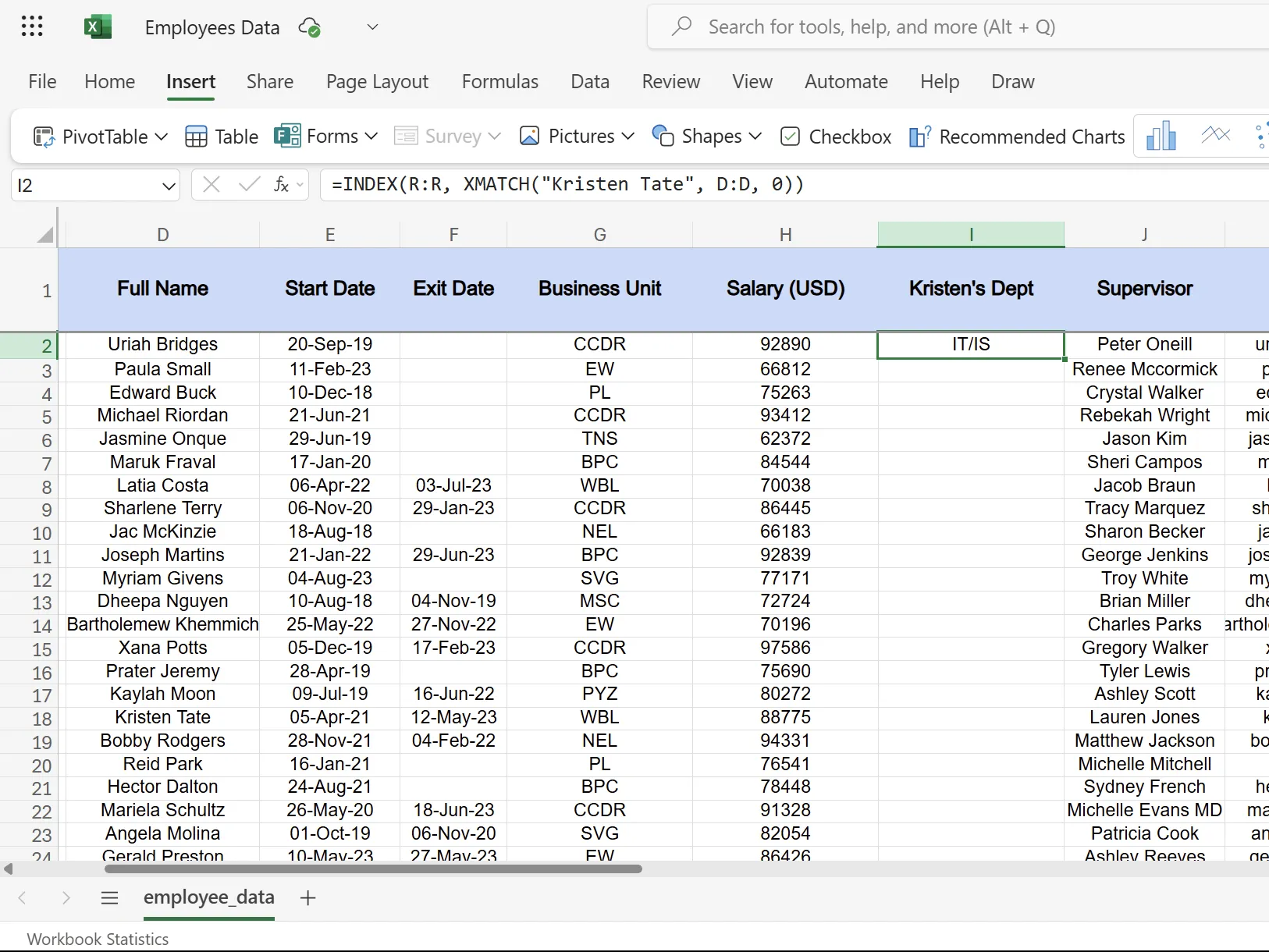 Ví dụ sử dụng kết hợp hàm INDEX và XMATCH trong Excel để tìm phòng ban của nhân viên