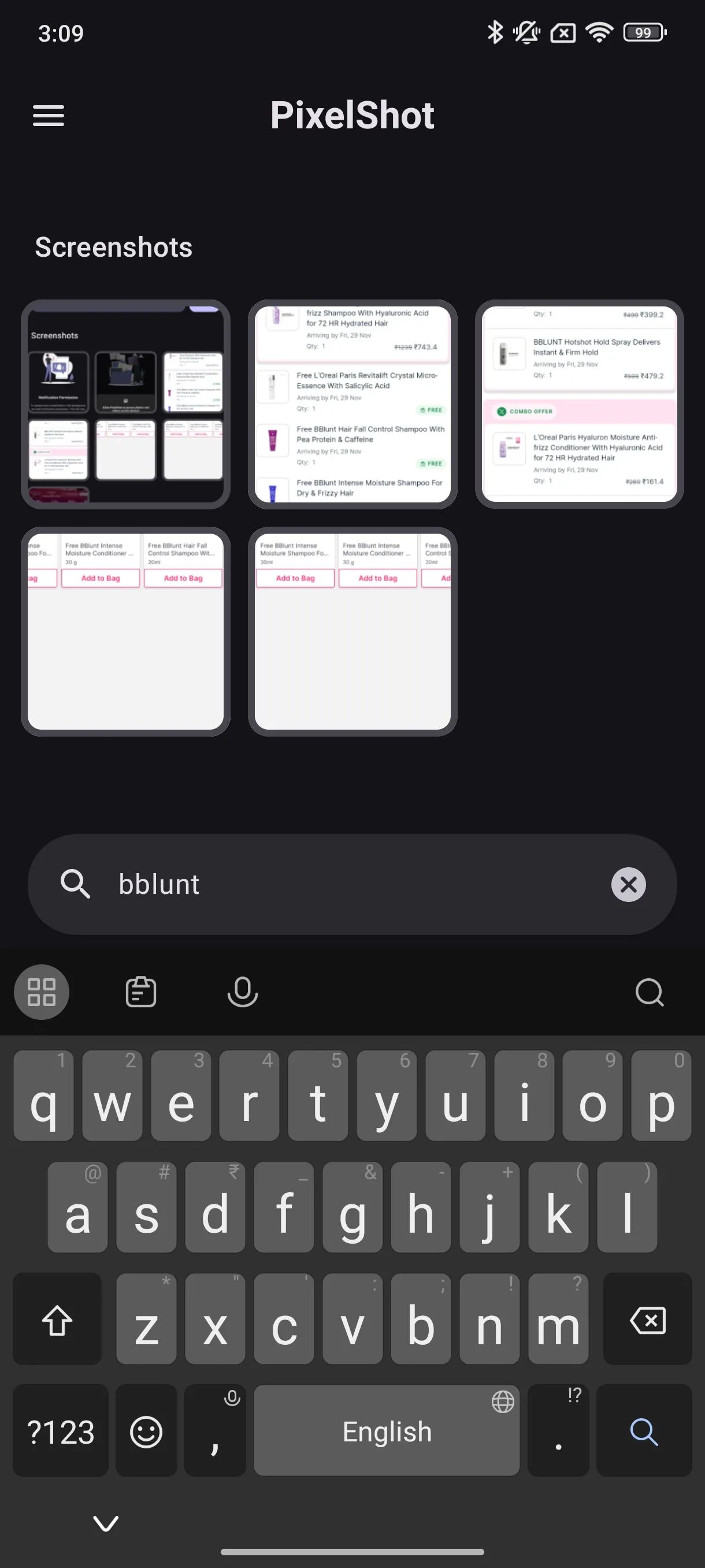 Ví dụ tìm kiếm &quot;Bblunt&quot; trong ứng dụng PixelShot để lọc các ảnh chụp màn hình liên quan.