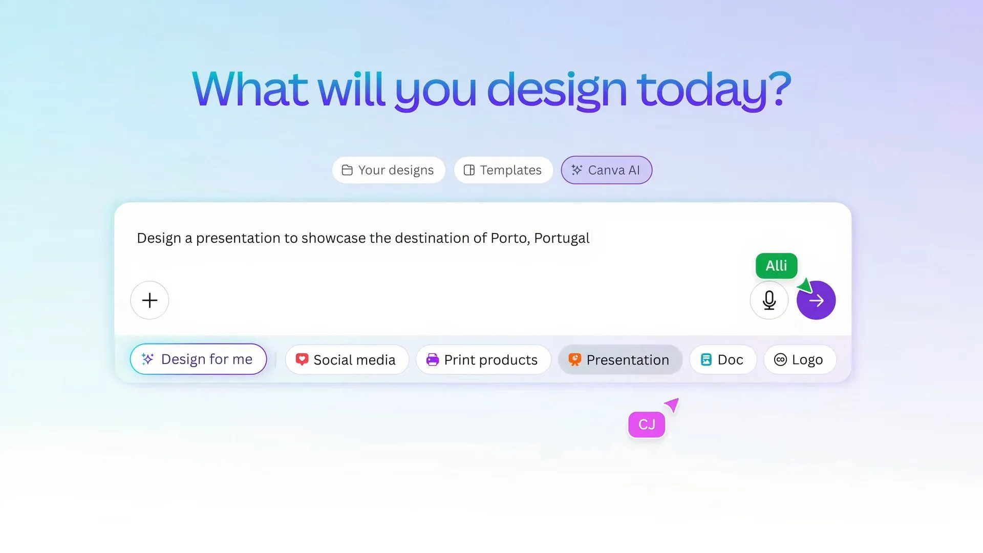 Ví dụ trên màn hình về tính năng Design for Me của Canva AI tạo thiết kế tự động