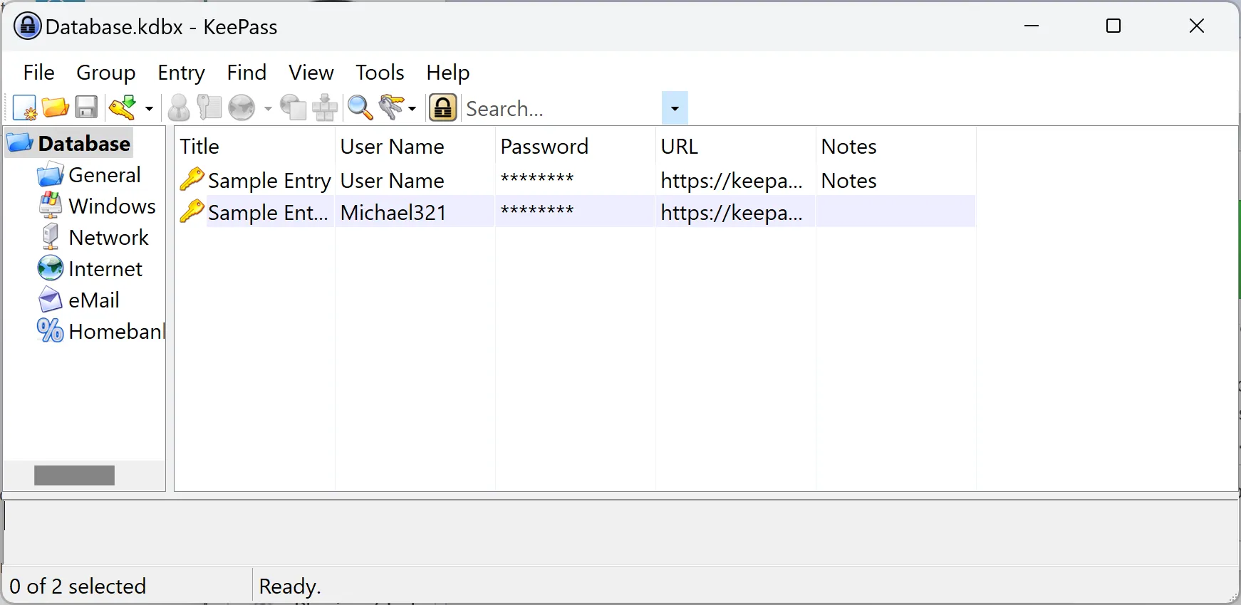 Ví dụ về cách lưu trữ và quản lý mật khẩu trong cơ sở dữ liệu KeePass mẫu