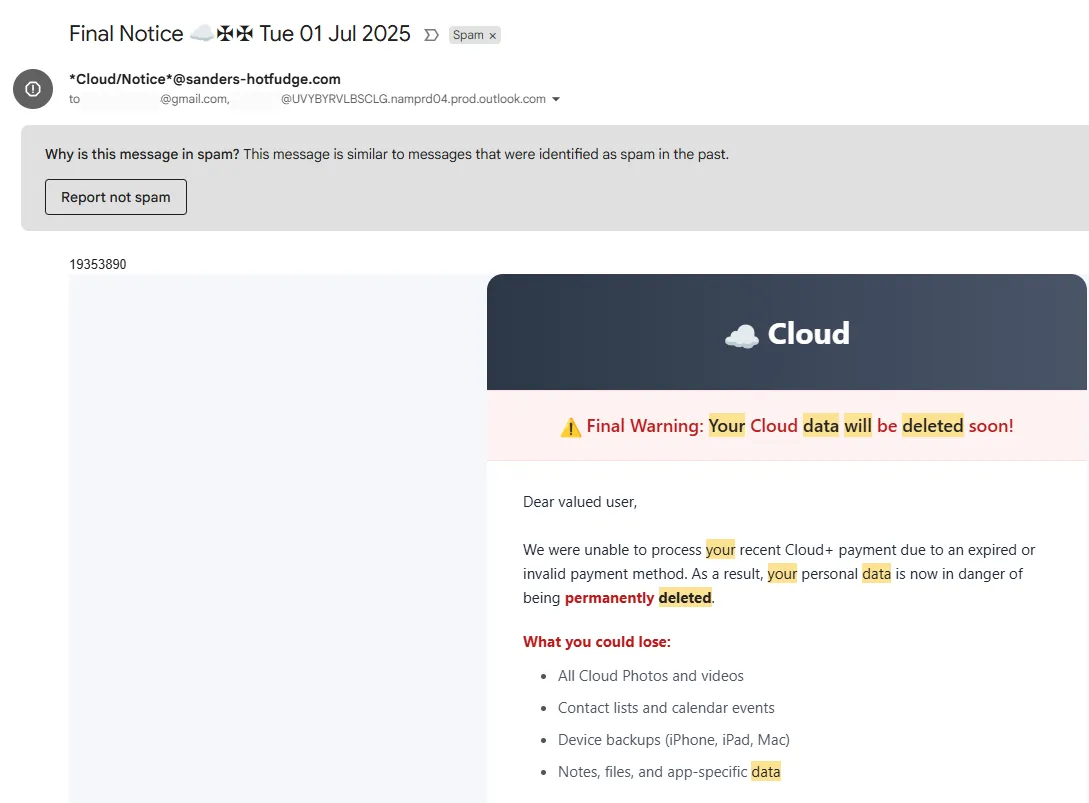 Ví dụ về email lừa đảo dịch vụ cloud thứ hai với địa chỉ người gửi lạ và mã số IP bất thường