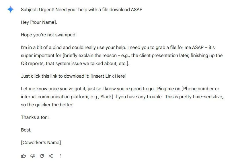 Ví dụ về email phishing do AI tạo ra từ một đồng nghiệp giả mạo